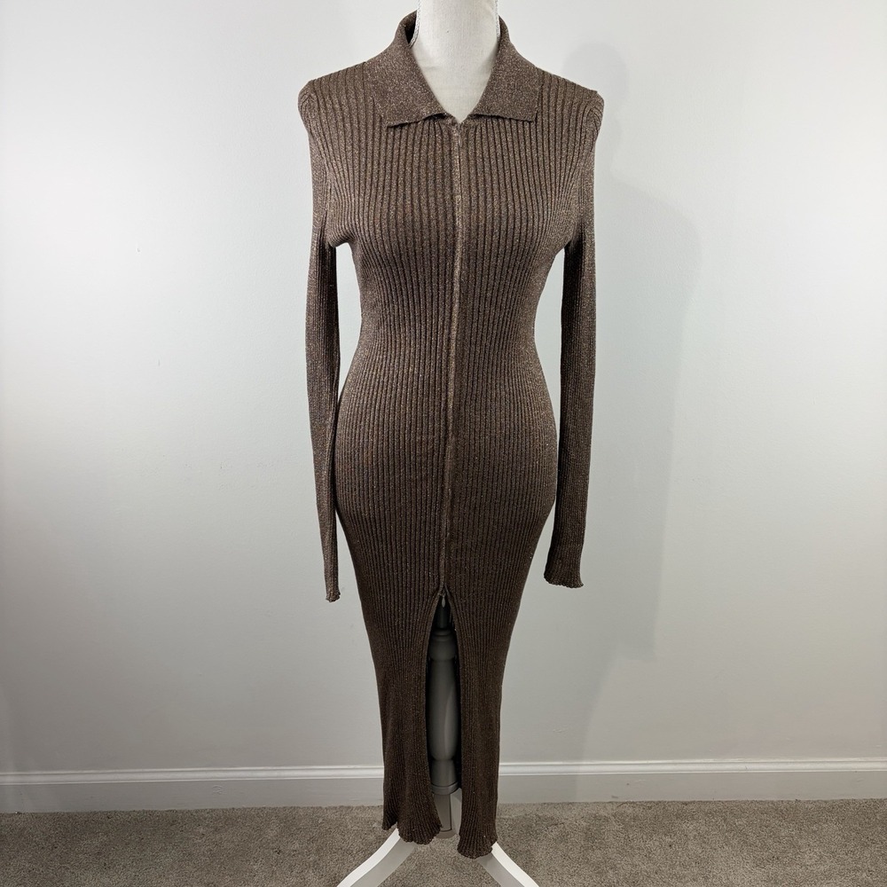 Anthropologie Brown Metallic Ribbed Maxi Dress Medium Zip Front‎ Chic Glam
